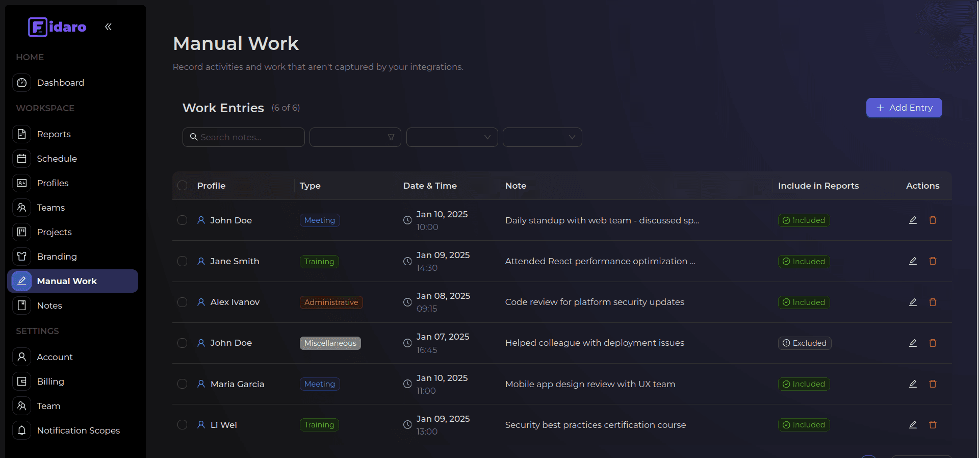 Manual work tracking screenshot